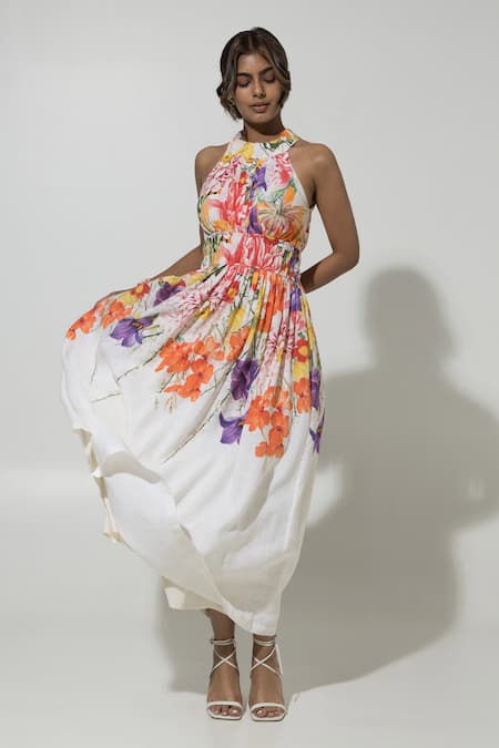 Sobariko_White Linen Printed Floral Halter Isla Maxi Dress  _at_Aza_Fashions