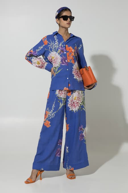 Sobariko Blue Linen Printed Floral Collar Iris Shirt And Pant Set 
