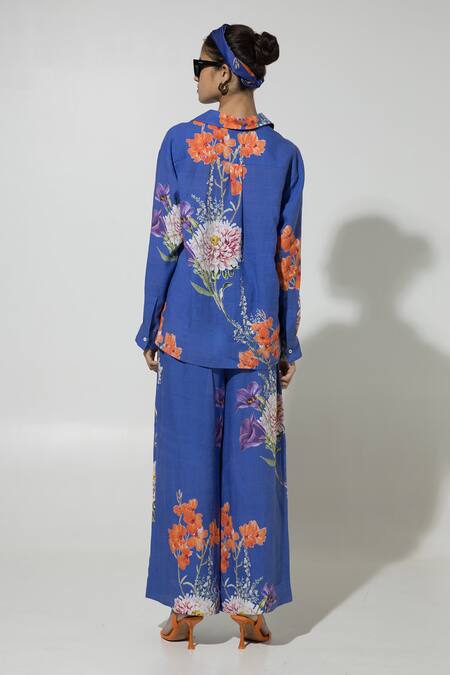 Shop_SOBARIKO_Blue Linen Printed Floral Collar Iris Shirt And Pant Set _at_Aza_Fashions