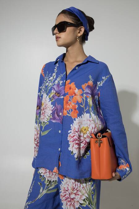SOBARIKO_Blue Linen Printed Floral Collar Iris Shirt And Pant Set _Online_at_Aza_Fashions