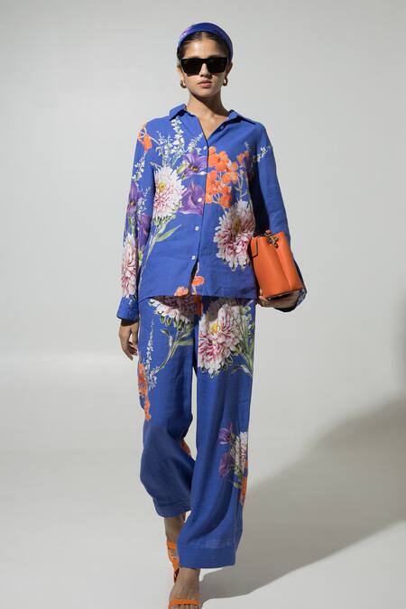 Buy_SOBARIKO_Blue Linen Printed Floral Collar Iris Shirt And Pant Set _Online_at_Aza_Fashions