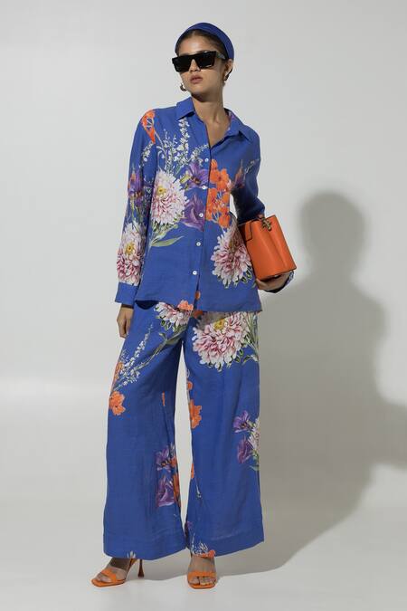 Shop_SOBARIKO_Blue Linen Printed Floral Collar Iris Shirt And Pant Set _Online_at_Aza_Fashions