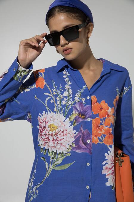 SOBARIKO_Blue Linen Printed Floral Collar Iris Shirt And Pant Set _at_Aza_Fashions