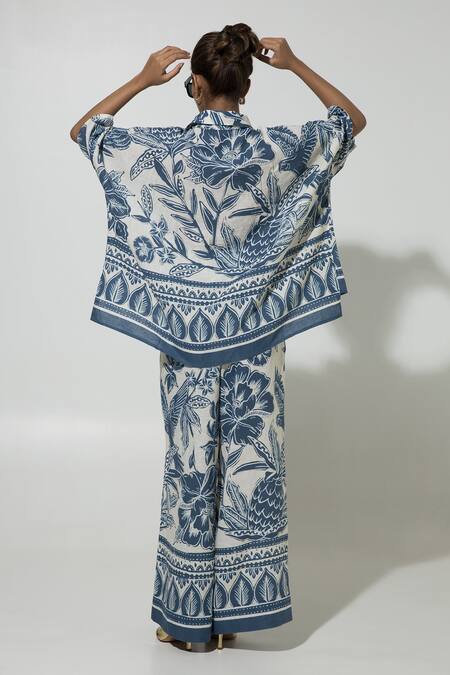 Shop_SOBARIKO_Blue Linen Printed Floral Collar Cordelia Shirt And Pant Set _at_Aza_Fashions