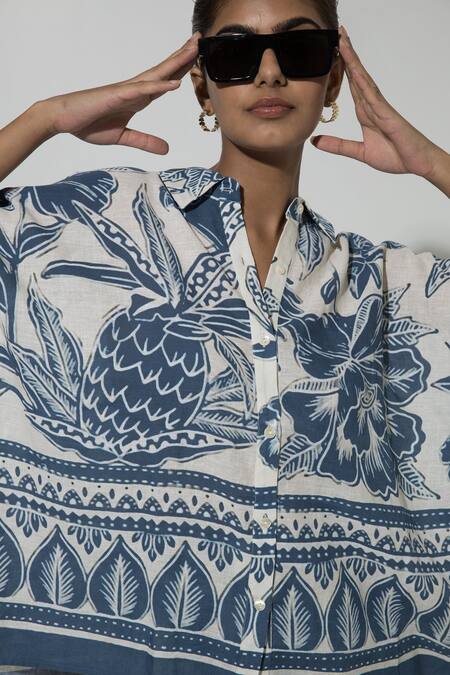 SOBARIKO_Blue Linen Printed Floral Collar Cordelia Shirt And Pant Set _Online_at_Aza_Fashions