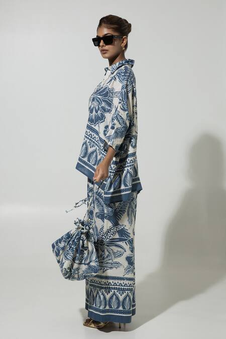 Buy_SOBARIKO_Blue Linen Printed Floral Collar Cordelia Shirt And Pant Set _Online_at_Aza_Fashions