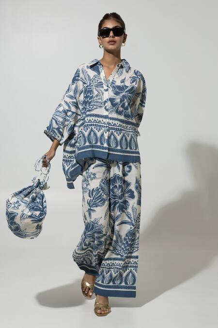 Shop_SOBARIKO_Blue Linen Printed Floral Collar Cordelia Shirt And Pant Set _Online_at_Aza_Fashions