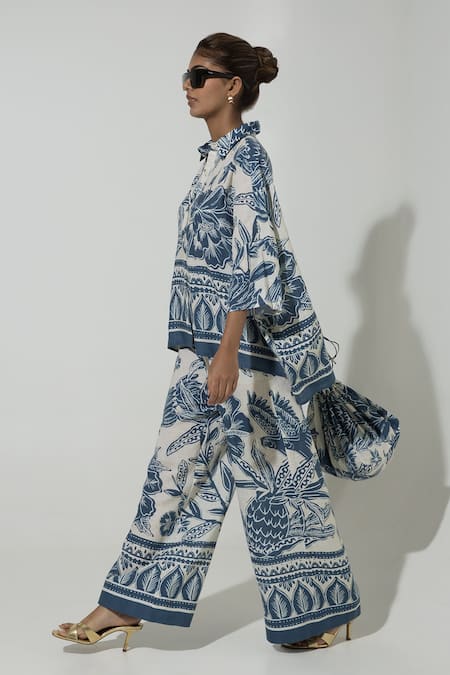SOBARIKO_Blue Linen Printed Floral Collar Cordelia Shirt And Pant Set _at_Aza_Fashions