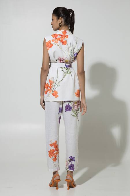 Shop SOBARIKO White Linen Printed Floral Lapel Collar Iris Pattern Jacket And Pant Set at Aza Fashions Shop_SOBARIKO_White Linen Printed Floral Lapel Collar Iris Pattern Jacket And Pant Set_at_Aza_Fashions