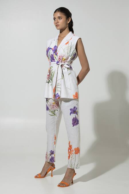 Shop SOBARIKO White Linen Printed Floral Lapel Collar Iris Pattern Jacket And Pant Set Online at Aza Fashions Shop_SOBARIKO_White Linen Printed Floral Lapel Collar Iris Pattern Jacket And Pant Set_Online_at_Aza_Fashions