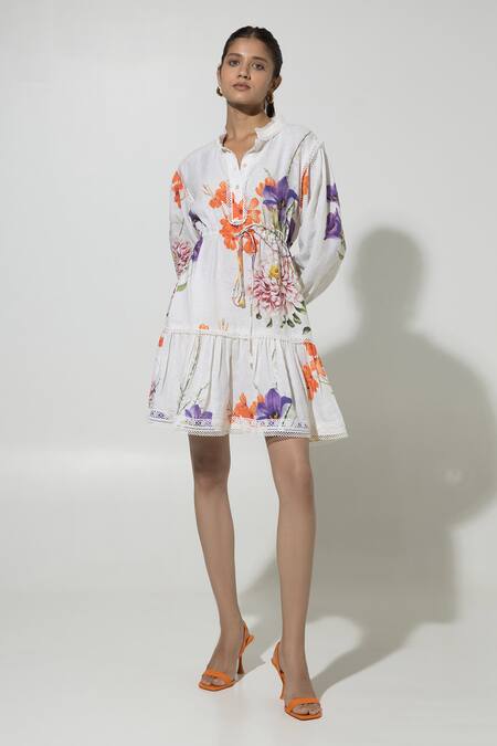 Sobariko White Linen Printed Floral Stand Iris Pattern Puffed Sleeve Dress 