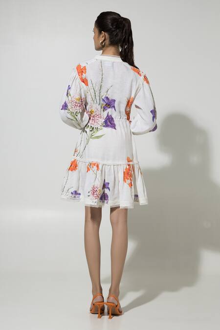 Shop SOBARIKO White Linen Printed Floral Stand Iris Pattern Puffed Sleeve Dress at Aza Fashions Shop_SOBARIKO_White Linen Printed Floral Stand Iris Pattern Puffed Sleeve Dress _at_Aza_Fashions