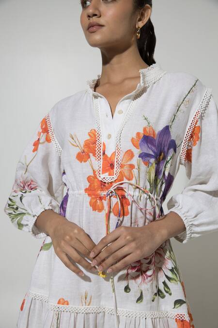 SOBARIKO White Linen Printed Floral Stand Iris Pattern Puffed Sleeve Dress Online at Aza Fashions SOBARIKO_White Linen Printed Floral Stand Iris Pattern Puffed Sleeve Dress _Online_at_Aza_Fashions