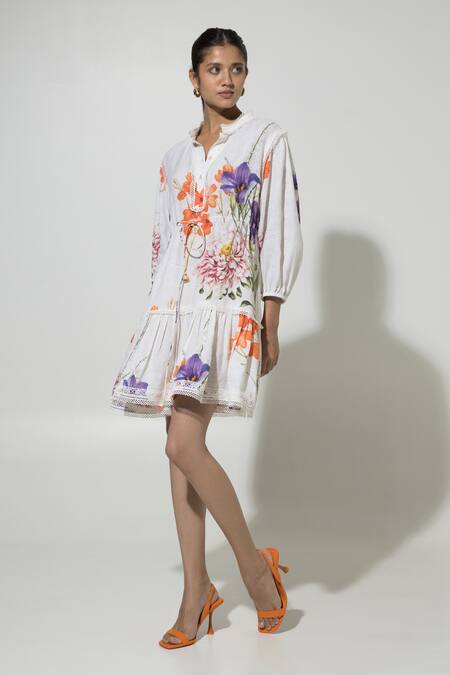 Buy SOBARIKO White Linen Printed Floral Stand Iris Pattern Puffed Sleeve Dress Online at Aza Fashions Buy_SOBARIKO_White Linen Printed Floral Stand Iris Pattern Puffed Sleeve Dress _Online_at_Aza_Fashions