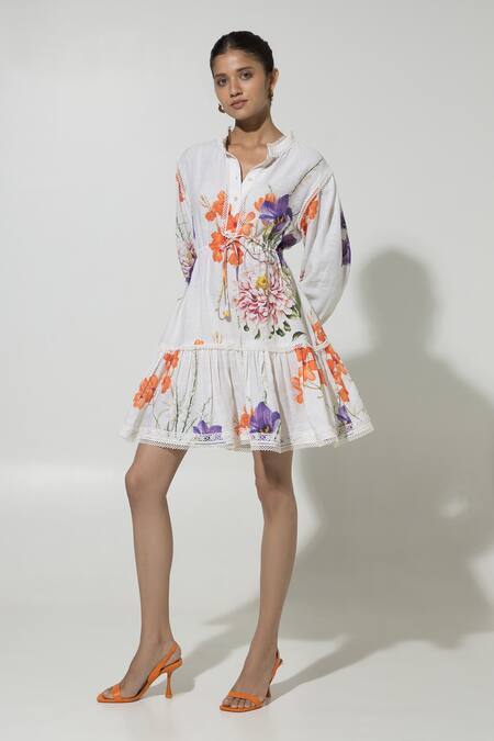 SOBARIKO White Linen Printed Floral Stand Iris Pattern Puffed Sleeve Dress at Aza Fashions SOBARIKO_White Linen Printed Floral Stand Iris Pattern Puffed Sleeve Dress _at_Aza_Fashions