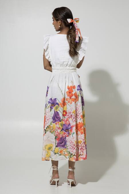 Shop_Sobariko_Yellow Linen Printed Floral V Neck Dress  _at_Aza_Fashions