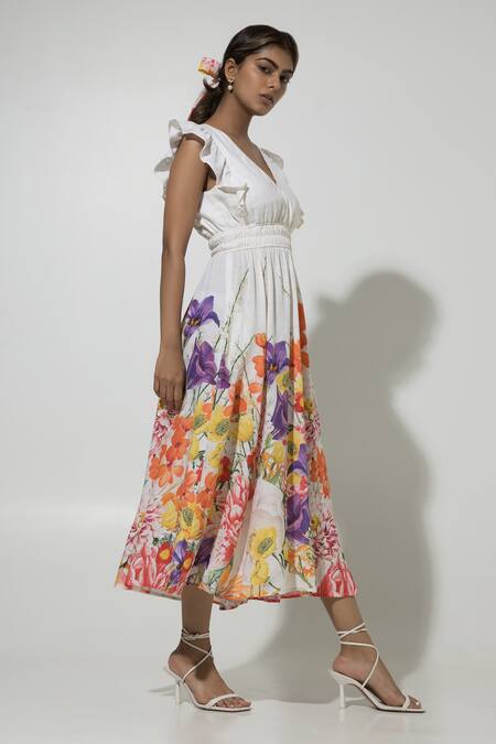 Shop_Sobariko_Yellow Linen Printed Floral V Neck Dress  _Online_at_Aza_Fashions