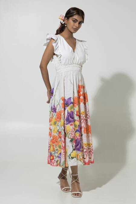 Sobariko_Yellow Linen Printed Floral V Neck Dress  _at_Aza_Fashions