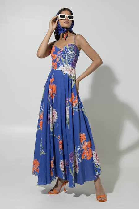 Shop_Sobariko_Blue Linen Printed Floral Sweetheart Isla Pattern Strappy Dress  _at_Aza_Fashions