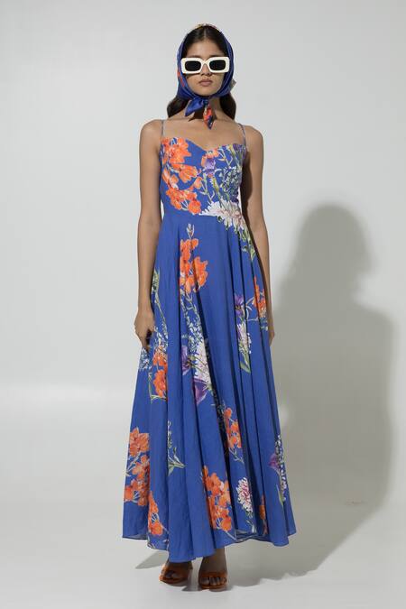 Sobariko_Blue Linen Printed Floral Sweetheart Isla Pattern Strappy Dress  _Online_at_Aza_Fashions