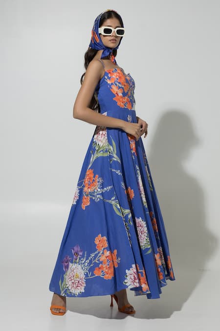 Shop_Sobariko_Blue Linen Printed Floral Sweetheart Isla Pattern Strappy Dress  _Online_at_Aza_Fashions