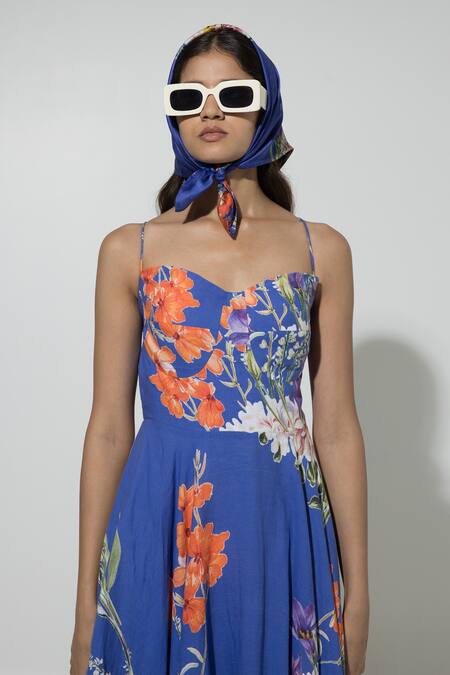 Sobariko_Blue Linen Printed Floral Sweetheart Isla Pattern Strappy Dress  _at_Aza_Fashions