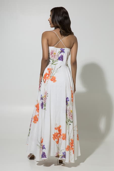 Shop_Sobariko_White Linen Printed Floral Sweetheart Isla Strappy Dress  _at_Aza_Fashions