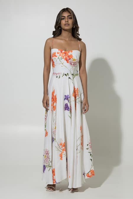 Sobariko_White Linen Printed Floral Sweetheart Isla Strappy Dress  _Online_at_Aza_Fashions