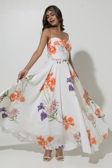 Shop_Sobariko_White Linen Printed Floral Sweetheart Isla Strappy Dress  _Online_at_Aza_Fashions