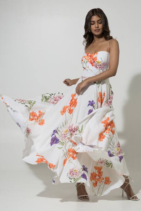 Sobariko_White Linen Printed Floral Sweetheart Isla Strappy Dress  _at_Aza_Fashions