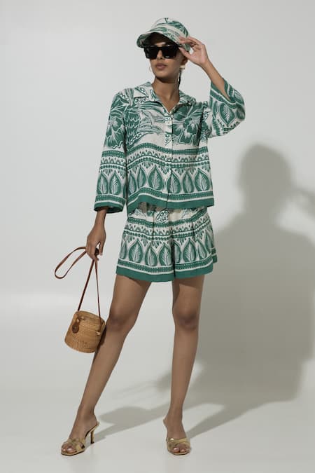 Sobariko Green Linen Printed Cordelia Pattern Oversized Shirt And Shorts Set 