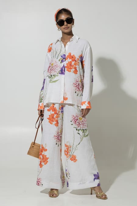 Sobariko White Linen Printed Floral Collar Isla Shirt And Pant Set 