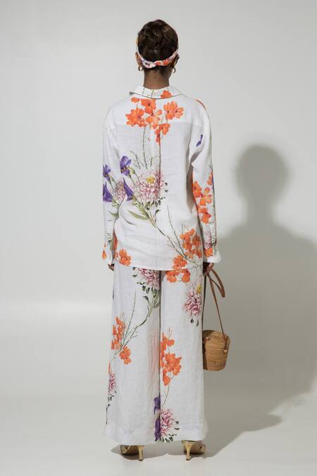 Shop SOBARIKO White Linen Printed Floral Collar Isla Shirt And Pant Set at Aza Fashions Shop_SOBARIKO_White Linen Printed Floral Collar Isla Shirt And Pant Set_at_Aza_Fashions