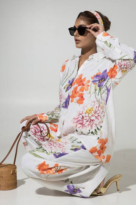 SOBARIKO White Linen Printed Floral Collar Isla Shirt And Pant Set Online at Aza Fashions SOBARIKO_White Linen Printed Floral Collar Isla Shirt And Pant Set_Online_at_Aza_Fashions
