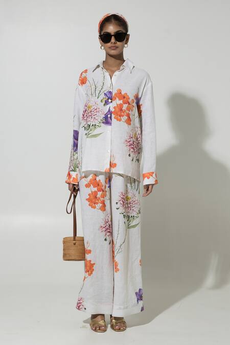 Buy SOBARIKO White Linen Printed Floral Collar Isla Shirt And Pant Set Online at Aza Fashions Buy_SOBARIKO_White Linen Printed Floral Collar Isla Shirt And Pant Set_Online_at_Aza_Fashions