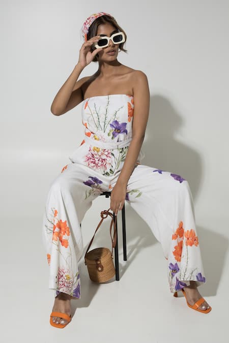Shop_Sobariko_White Linen Printed Floral Tube Neck Isla Pattern Jumpsuit _Online_at_Aza_Fashions