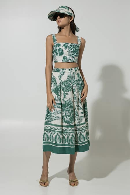 Sobariko Green Linen Printed Floral Square Neck Cordelia Crop Top And Skirt Set 