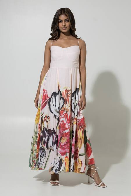 Sobariko Peach Linen Printed Floral Sweetheart Wildflower Strappy Dress 