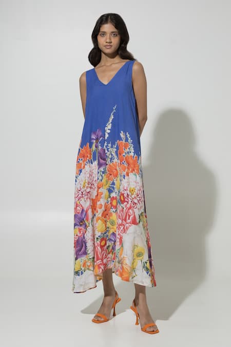 Sobariko Blue Linen Printed Floral V Neck Isla Dress 