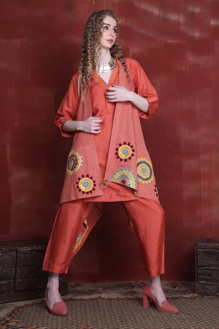 Sunita Nagi Orange Pant And Inner Dupion Silk Embroidered Thread V Applique Jacket Kurta Set 