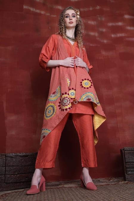 Sunita Nagi_Orange Denim, Silk Mirrors, Embroidery V-neck Applique Jacket Kurta Set _Online_at_Aza_Fashions