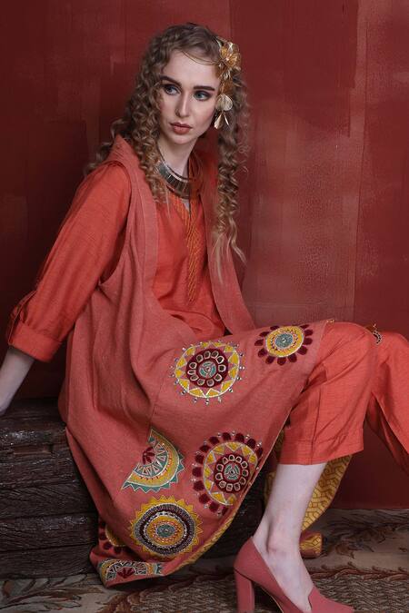Buy_Sunita Nagi_Orange Denim, Silk Mirrors, Embroidery V-neck Applique Jacket Kurta Set _Online_at_Aza_Fashions