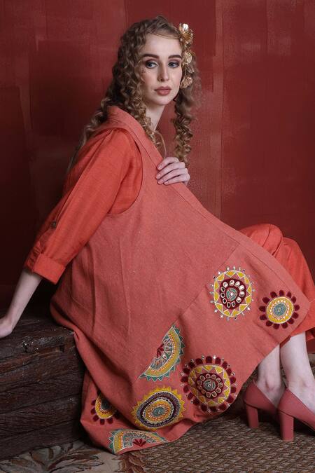 Shop_Sunita Nagi_Orange Denim, Silk Mirrors, Embroidery V-neck Applique Jacket Kurta Set _Online_at_Aza_Fashions