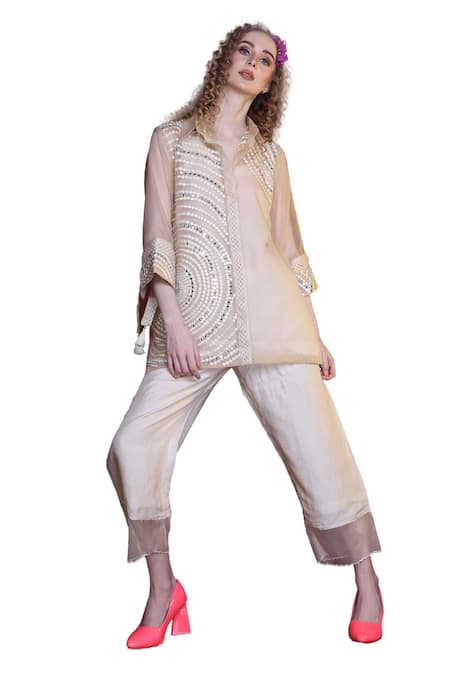 Buy Sunita Nagi Beige Organza Embroidered Aari Notched Sheer Top Pant Set Online at Aza Fashions Buy_Sunita Nagi_Beige Organza Embroidered Aari Notched Sheer Top Pant Set _Online_at_Aza_Fashions