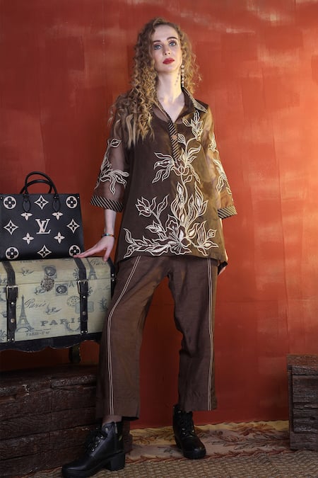 Sunita Nagi Brown Organza Embroidered Mirror Collared Top And Pant Set 