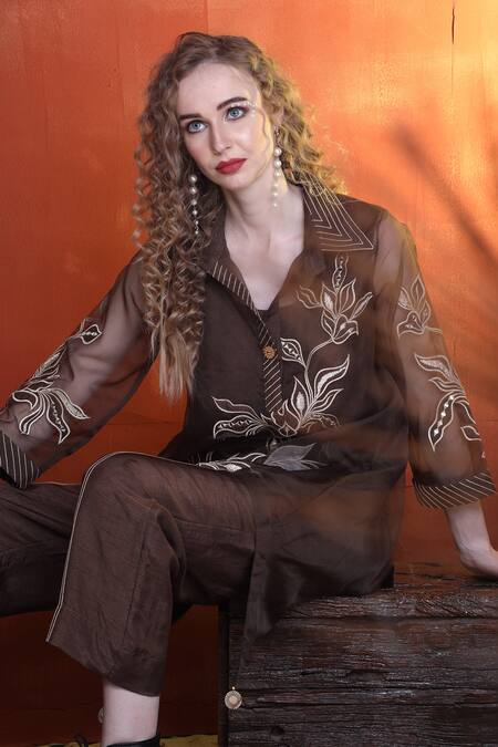 Buy Sunita Nagi Brown Organza Embroidered Mirror Collared Top And Pant Set Online at Aza Fashions Buy_Sunita Nagi_Brown Organza Embroidered Mirror Collared Top And Pant Set _Online_at_Aza_Fashions