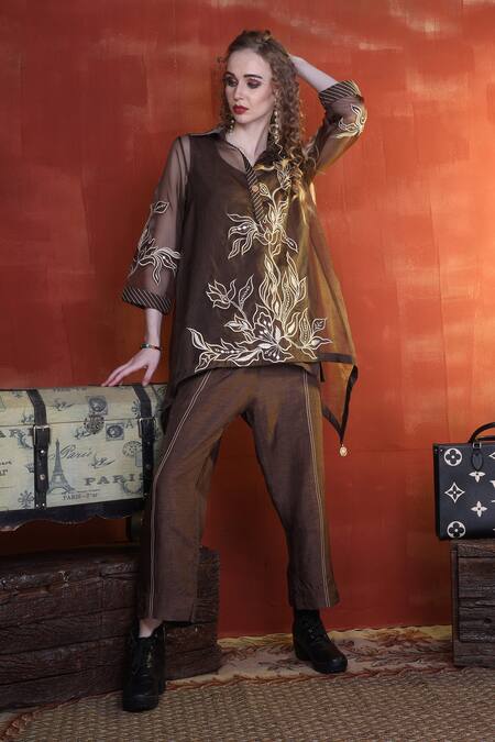 Shop Sunita Nagi Brown Organza Embroidered Mirror Collared Top And Pant Set Online at Aza Fashions Shop_Sunita Nagi_Brown Organza Embroidered Mirror Collared Top And Pant Set _Online_at_Aza_Fashions