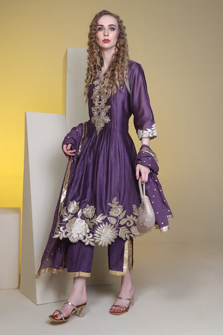 Buy_Sunita Nagi_Purple Chanderi, Silk Embroidery Split V-neck Floral Applique Anarkali Pant Set _Online_at_Aza_Fashions