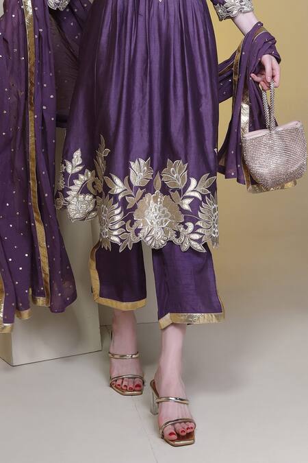 Shop_Sunita Nagi_Purple Chanderi, Silk Embroidery Split V-neck Floral Applique Anarkali Pant Set _Online_at_Aza_Fashions