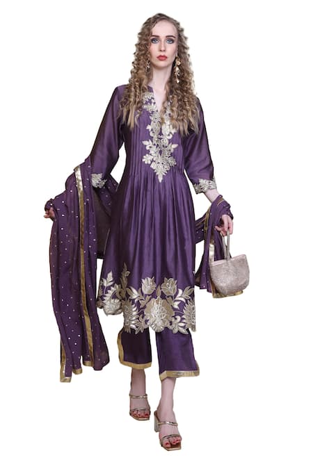 Sunita Nagi_Purple Chanderi, Silk Embroidery Split V-neck Floral Applique Anarkali Pant Set _at_Aza_Fashions
